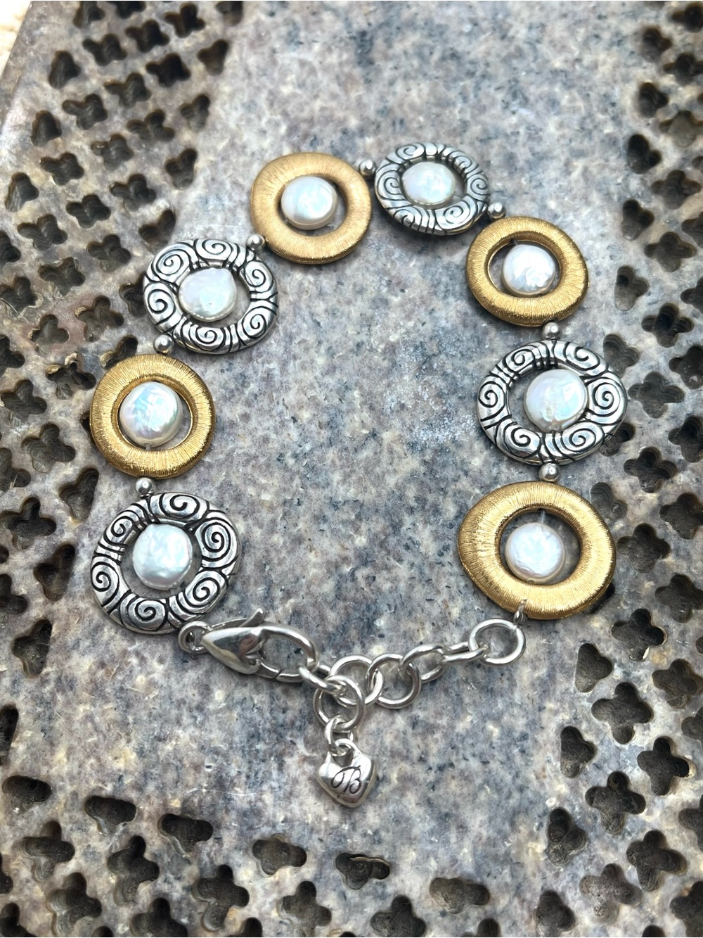 Brighton 7 - 8” Satori Two Tone Open Circle & Coin Pearl Bracelet